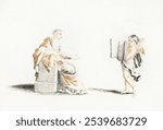 Amor presents a book to a muse by Johan Teyler (1648-1709). Greek mythology cupid classical painting. Vintage Greek mythology art drawing illustration, old painting art print. Classical illustration.