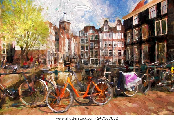 Amsterdam city\
in Holland, artwork in painting\
style