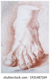 AMSTERDAM, NETHERLANDS - Foot Study In Red Chalk On Paper, 19th Century Illustration To Teach Artists How To Draw A Foot. Unknown Artist, No Attribution