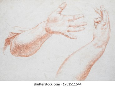 AMSTERDAM, NETHERLANDS - Hand And Arm Study In Different Positions. Red Chalk On Paper, 19th Century Illustration To Teach Artists How To Draw Hands. Unknown Artist, No Attribution