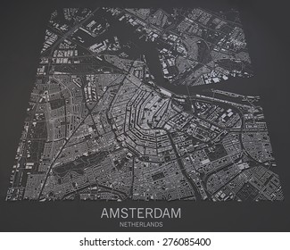 Amsterdam, Netherlands, Satellite Map View, Map In Negative, 3d Roads And Buildings