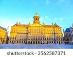 Amsterdam, Netherlands. Watercolor illustration. Royal Palace, a luxurious golden age palace. The residence where royal receptions have been held since 1808