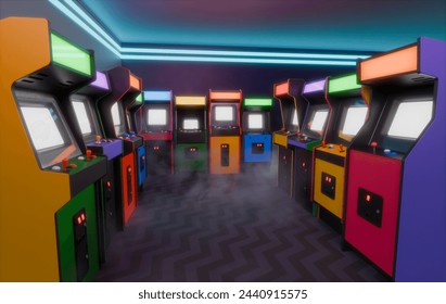 Amusement Arcade With Colorful Retro Arcade Machines and Blue Neon Light. 3D Illustration - Powered by Shutterstock