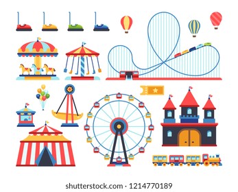 Amusement Park Attractions. Train, Ferris Wheel, Carousel And Roller Coaster Flat Icons