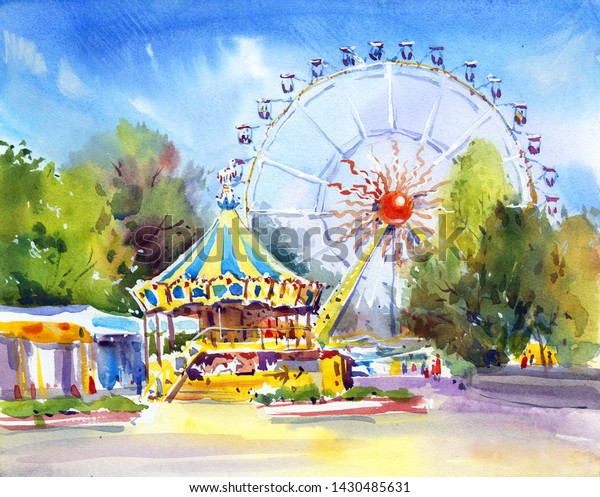 Amusement Park Carousel Attraction Ferris Wheel Stock Illustration