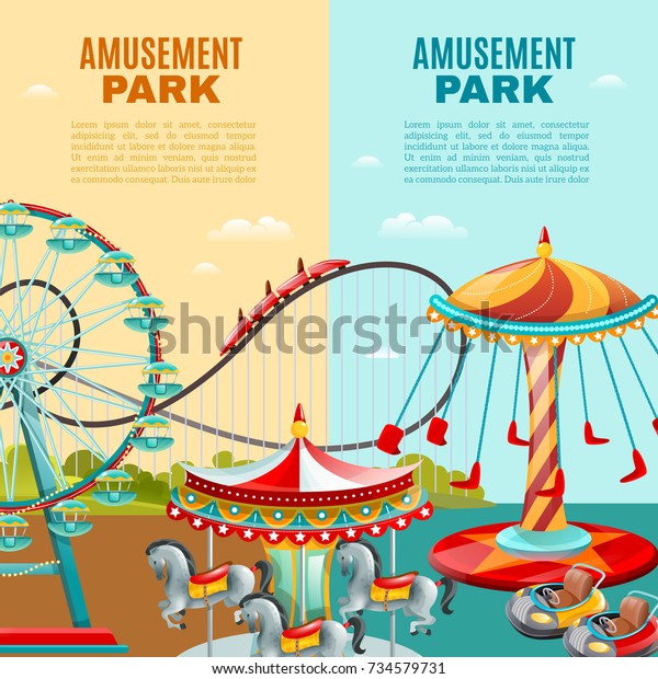 Amusement park cartoon\
vertical banners roller coaster ferris wheel and carousel flat \
illustration