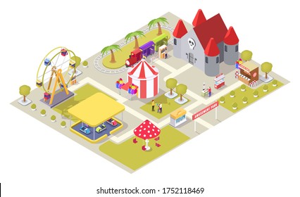 Amusement Park Flat Isometric Composition With Carousel Medieval Castle Ferris Wheel Circus Tent Shooting Range Bumper Cars Train Ride Areas, Cotton Candy And Hot Dog Carts, Ticket Office.