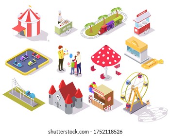 Amusement Park Flat Isometric Icon Set With Roller Coaster Carousel Castle Ferris Wheel Circus Tent Shooting Range Bumper Cars Train Ride Areas, Cotton Candy And Hot Dog Carts, Ticket Office.