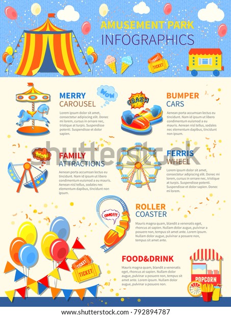 Amusement park infographics layout with\
carousel and attractions \
illustration
