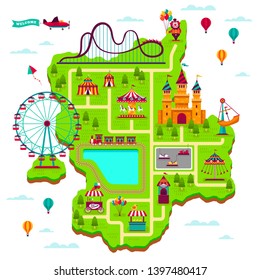 Amusement park map. Scheme elements attractions festival amuse funfair leisure family fairground kid games cartoon park map