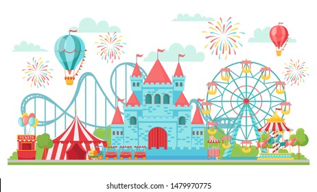 Amusement Park. Roller Coaster, Festival Carousel And Ferris Wheel Attractions. Circus Funfair Invitation Card Or Fairground Banner Isolated  Illustration