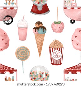 Amusement Park, Seamless Pattern With Carnival Items, Cotton Candy, Sweets