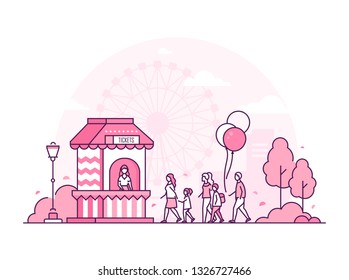 Amusement Park - Thin Line Design Style Illustration On White Background. Pink Colored Image With A Ticket Office, People Standing In A Line To Go To The Attractions, Big Wheel. Leisure Concept