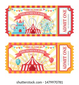 Amusement park ticket. Admit one circus admission tickets, family park attractions festival and amusing fairground. Amusing fair or circus carnival show ticket  illustration set