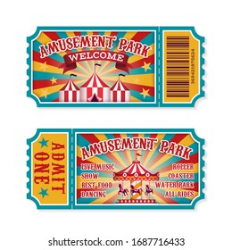 Amusement Park Ticket. Family Park Attractions Admission Tickets, Fun Festival Vintage Event Receipt. Fair Raffle Coupons. Summer Poster For Child Invitation Carousel Or Theater Set