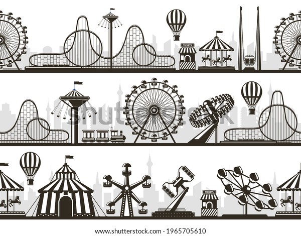 Amusement park views. Attractions park landscape\
silhouettes with ferris wheel and roller coaster. Entertainment\
park silhouette  illustration set. Carousel and roller, swing\
coaster