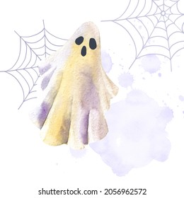 Amusing Halloween ghost watercolour as holiday illustration  Halloween design  Hand drawn style  Cute little ghost blobs   spider web background  Holiday illustration