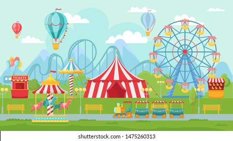 Amusing Park Festival. Amusement Attractions Landscape, Kids Carousel And Ferris Wheel Attraction. Circus Entertainment, Fair Amusement Or Carnival Wheels Illustration