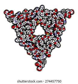 Amyloid beta (Abeta, AB40) fibril structure. Fibrillar aggregates of Abeta are major component of brain plaques and play an important role in Alzheimer's disease (AD). Atoms as color-coded spheres.

