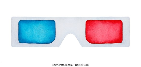 Anaglyph 3D glasses  red cyan color  Classic typical design  Hand drawn watercolour white background  cutout  Movie  technology  fun  easy time symbol  Single object  colorful  front view 