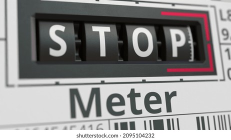 Analog counter or meter with stop text. conceptual  animation 3D rendering