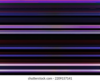 Analog Glitch. VHS Tape Noise. Distortion Texture. Purple Pink Blue Red Black Color Glowing Lines Artifacts On Dark Illustration Abstract Background.