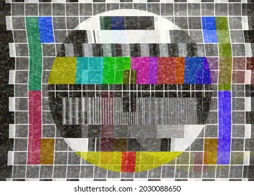 An Analog Old CRT TV Test Card, With A Color Bars Pattern, Full Of Noise, Static, Grain And Artifacts.
