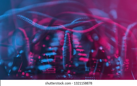 Analog synthesizer for electronic music production.Professional audio equipment for music composer in sound recording studio.Curated shutterstock collection of royalty free music production images