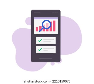 Analysis Data Market Metrics Statistics On Mobile Cell Phone, Visual Stocks Sales Graph On Cellphone Smartphone App Illustrated Graphic, Task Management Software Efficiency Chart Review