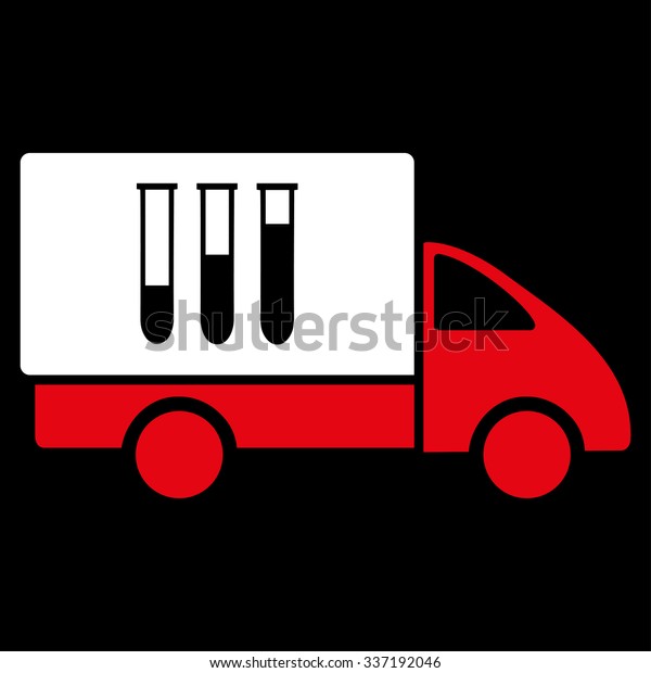 Analysis\
Delivery illustration icon. Style is bicolor flat symbol, red and\
white colors, rounded angles, black\
background.