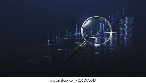 Analysis Success Business Financial Growth Data Chart Market Statistics Or Investment Finance Stock Graph Report Diagram And Magnifying Glass Analytics Money On Digital Marketing Profit 3d Background.