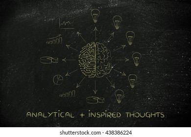 analytical plus inspired thoughts: artificial intelligence and human brain surrounded by data processing and ideas with arrows pointing out