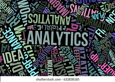 Analytics, business word cloud, abstract embossed, for web page, graphic design, catalog, textile or texture printing & background.