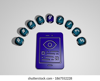 ANALYTICS icon surrounded by the text of individual letters, 3D illustration