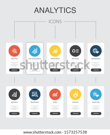 analytics Infographic 10 steps UI design.linear graph, web research, trend, monitoring simple icons