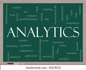 Analytics Word Cloud Concept on a Chalkboard with great terms such as data, strategy, modeling, research and more.
