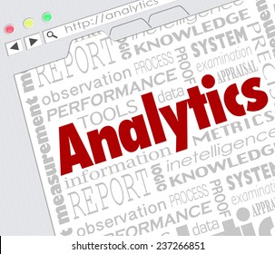 Analytics word on an internet website screen to illustrate resources or tools to measure metrics of success for an advertising or other business campaign or project
