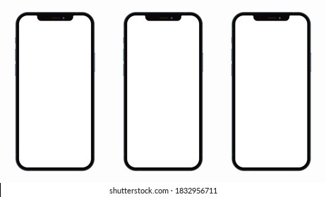 Anapa, Russian Federation - October, 14, 2020: New Iphone 12 Pro Max, Front side.  Three Smartphone mock up with white screen. Illustration for app, web, presentation, design