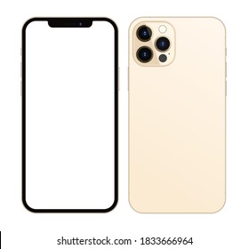 Anapa, Russian Federation - October, 15, 2020: New Gold Color Iphone 12 Pro Max, Front and back side.  Smartphone mock up with white screen. Illustration for app, web, presentation, design.