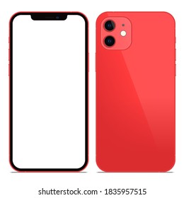 Anapa, Russian Federation - October, 18, 2020: New Red Color Iphone 12, Front and back side.  Smartphone mock up with white screen. Illustration for app, web, presentation, design.