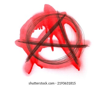 Anarchy Symbol Drawing, Punk Sign And Red Spray Stain Dripping Drops