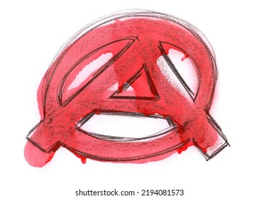 Anarchy Symbol Drawing, Punk Sign And Red Spray Stain Dripping Drops