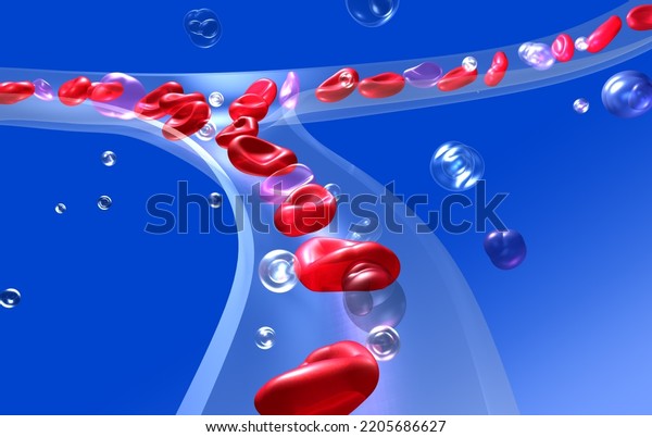 Anatomical 3d illustration of red blood cells\
in blood circulation. Transparent capillary glass on a blue\
background.