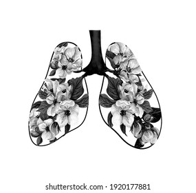 Anatomical Human Lungs With Flowers. Floral Decorative Element Engraved. Floral Lungs. Watercolor Blooming Apple Tree