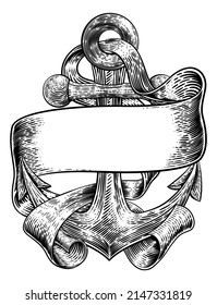 An anchor from a boat or ship with a banner scroll wrapped around it tattoo or retro style woodcut etching drawing in a vintage style