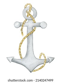 Anchor, gray, rope. Watercolor object, in cartoon style, on an isolated background.