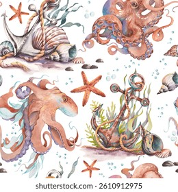 Anchor and octopus seamless pattern. Hand painted watercolor illustration.