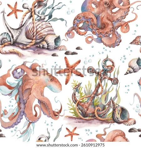 Anchor and octopus seamless pattern. Hand painted watercolor illustration.
