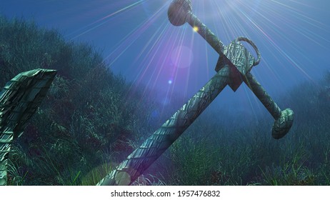 Anchor Under Water Sun Ray Illustration 3d Rendering