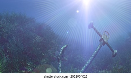 Anchor Under Water Sun Ray Illustration 3d Rendering